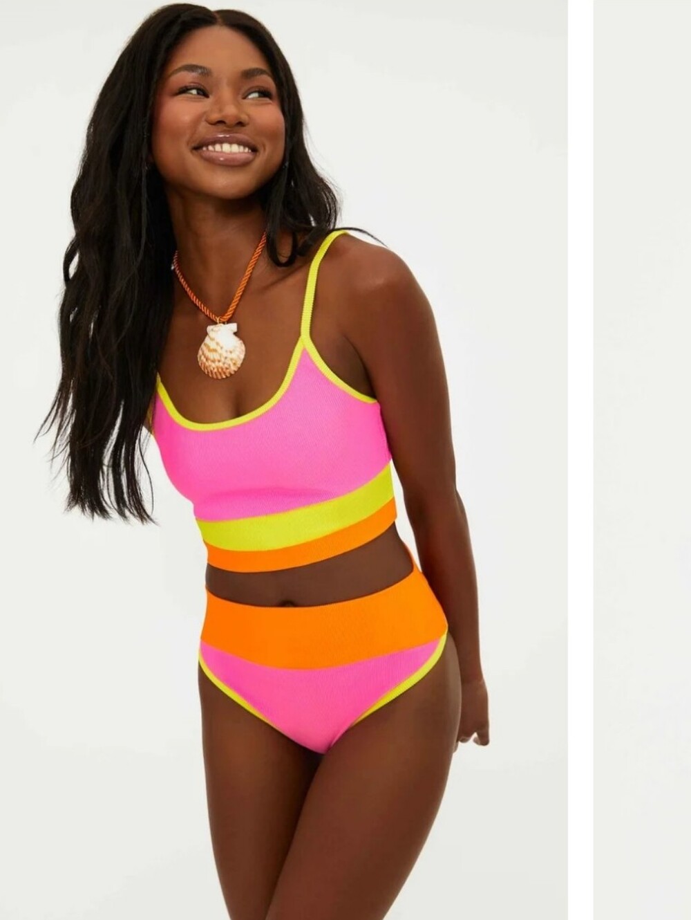 Beach Riot Pink Ribbed Colorblock Crop Swim Top with Yellow and Orange Trim